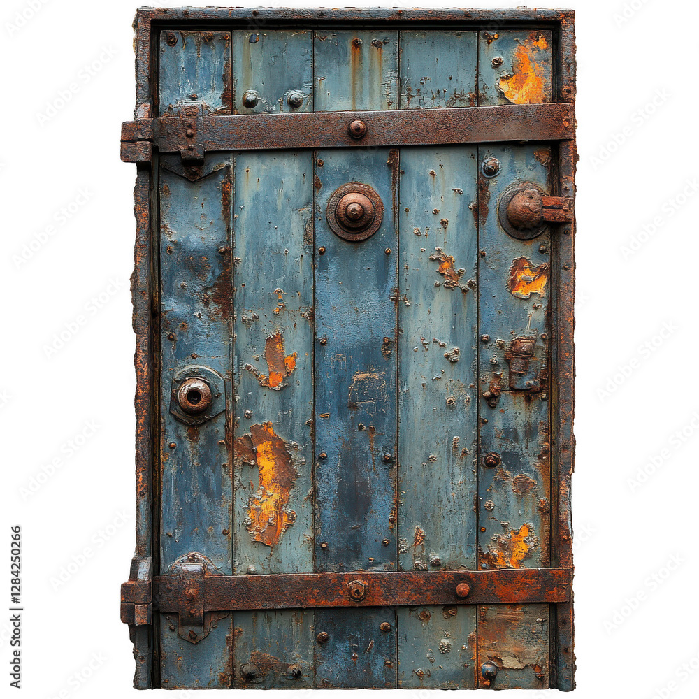 A corrugated metal door with rusty bolts isolated on white background.PNG A corrugated metal door with rusty bolts isolated on white background.PNG