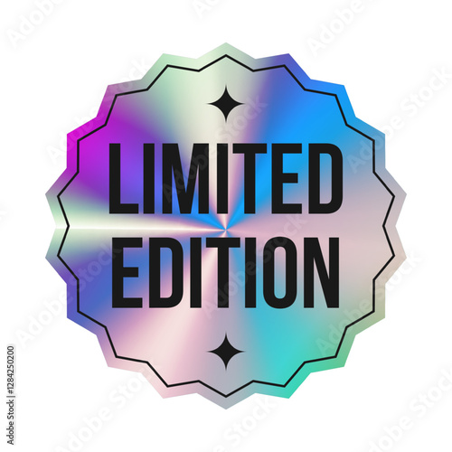 Holographic Sticker. Label with holographic Neon effect. Shiny rainbow purple emblem Limited Edition. Isolated Vector template