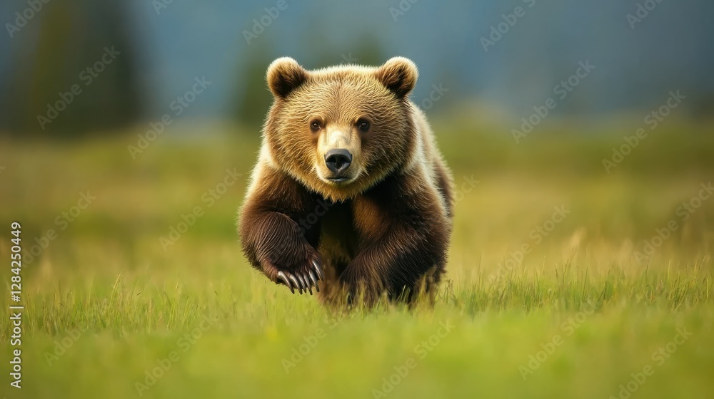 Grizzly bear running through meadow amidst lush greenery Grizzly bear running through meadow amidst lush greenery