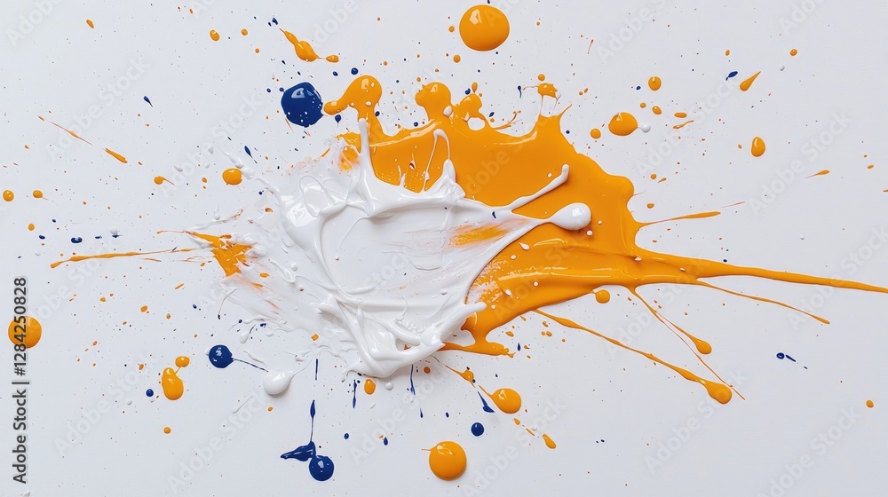 Obraz premium Vibrant orange, white, and blue paint splattering and colliding on a clean white surface.