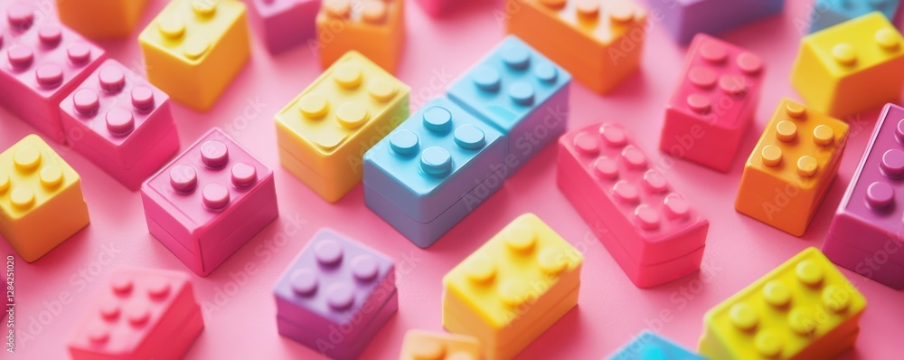 Colorful toy bricks on pink surface arranged in a creative pattern Colorful toy bricks on pink surface arranged in a creative pattern