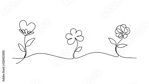 A minimalist line art illustration depicts three stylized flowers a heartshaped bloom, a cloverlike flower, and a round flower, all seamlessly connected along a single line representing the ground.