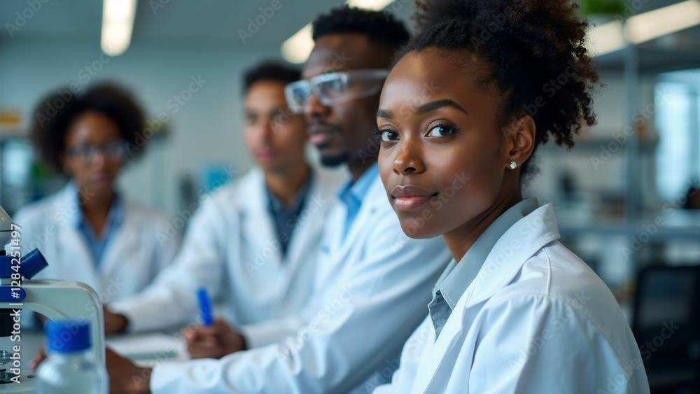 group four young scientists working laboratory wearing white lab coats sitting desk microscope front scientist foreground young african american woman curly hair looking directly camera serious group four young scientists working laboratory wearing white lab coats sitting desk microscope front scientist foreground young african american woman curly hair looking directly camera serious