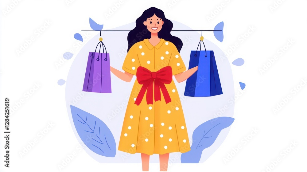 Cheerful woman in yellow polka dot dress holding shopping bags with a joyful expression, surrounded by leaves, representing fun shopping experience Cheerful woman in yellow polka dot dress holding shopping bags with a joyful expression, surrounded by leaves, representing fun shopping experience