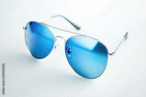 Silver framed aviator sunglasses with blue lenses rest on white photo