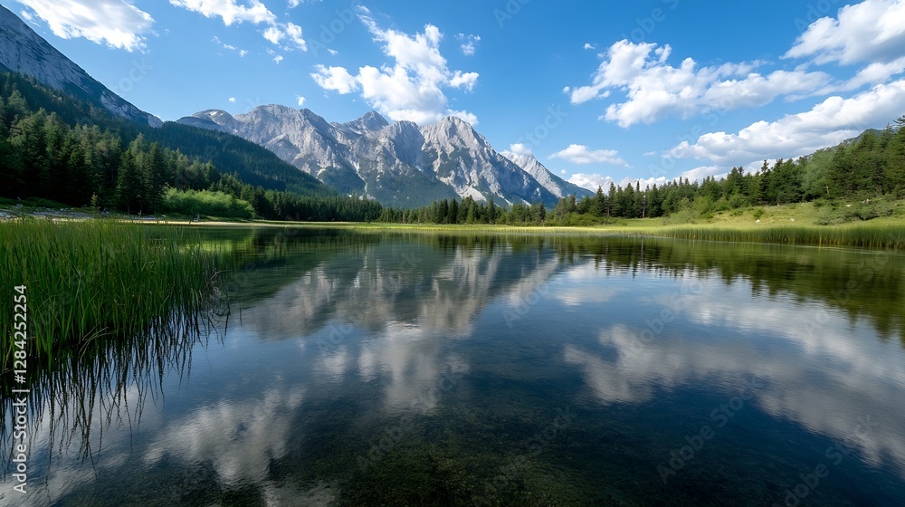 Breathtaking reflection of mountains in serene lake surrounded by lush trees and vibrant grass : Generative AI Breathtaking reflection of mountains in serene lake surrounded by lush trees and vibrant grass : Generative AI