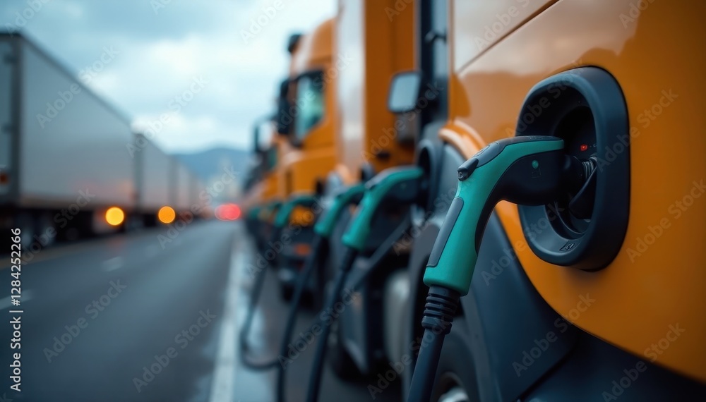 Several electric trucks charging simultaneously, cables connected, transport, logistics Several electric trucks charging simultaneously, cables connected, transport, logistics