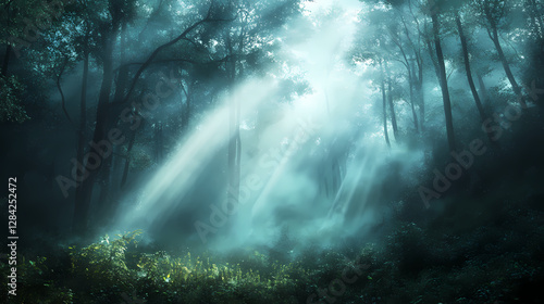 Wallpaper Mural Glowing light beams breaking through a dense fog in a dark forest, mysterious and captivating, forest glowtime, eerie and enchanting. Misty Forest of Whispers. Illustration Torontodigital.ca