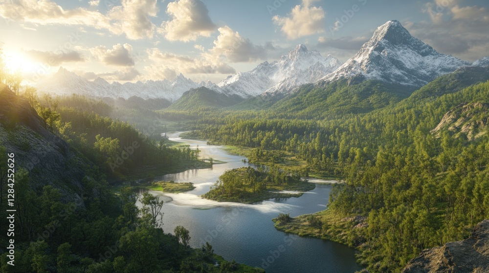Fototapeta premium Serene Mountain River Landscape: A Breathtaking View of Nature's Majesty