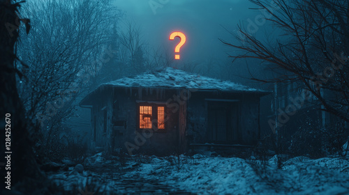 Mysterious abandoned house in a snowy forest at night with a glowing window and a neon question mark floating above the roof photo