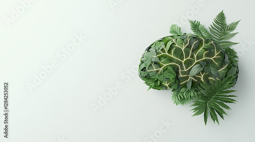 green brain made of leaves and plants, symbolizing eco friendliness and nature photo