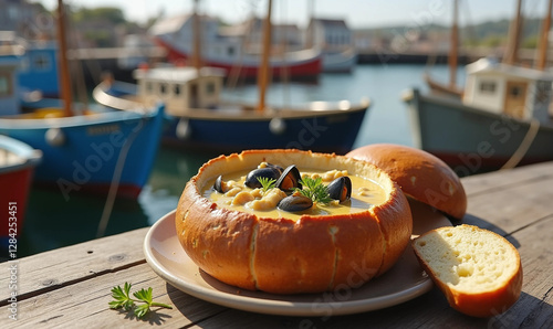 A Bowl of Creamy Clam Chowder Served in a Bread Bowl, Presented on a Dockside Table With Fishing Boats, Food Photography, Food Menu Style Photo Image  photo