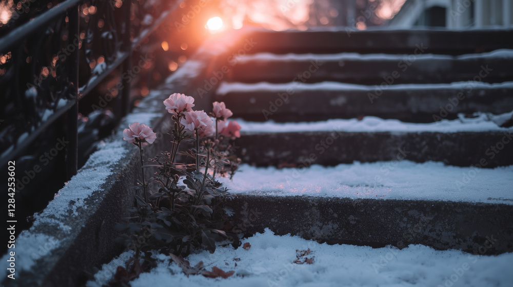 Fototapeta premium Pink flowers blooming through snow-covered stairs at sunrise, symbolizing resilience and hope in a winter setting