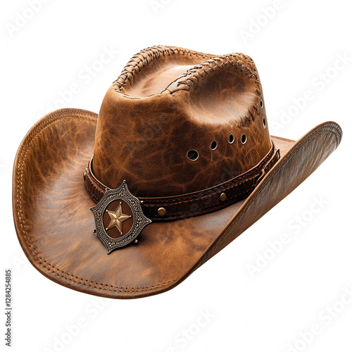 A cowboy hat with a sheriff's badge isolated on white background.PNG photo