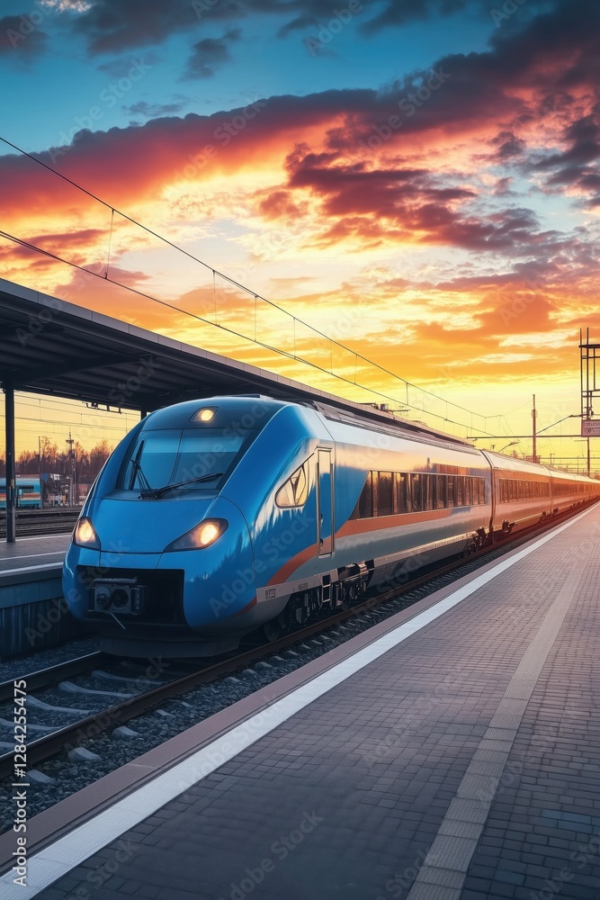 Naklejka premium Modern high-speed train departing from the station at sunset, creating a breathtaking scene filled with vibrant colors and dynamic motion, capturing the essence of urban transportation