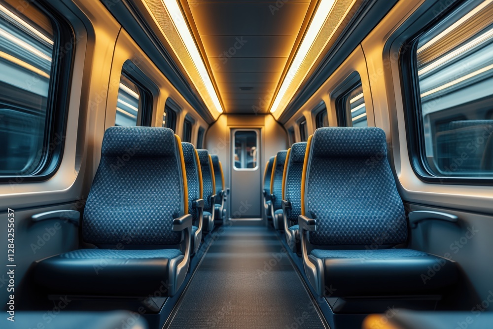 Comfortable blue passenger seats align within a brightly lit, contemporary train car, creating an inviting atmosphere for enjoyable travel and efficient commuting experiences Comfortable blue passenger seats align within a brightly lit, contemporary train car, creating an inviting atmosphere for enjoyable travel and efficient commuting experiences
