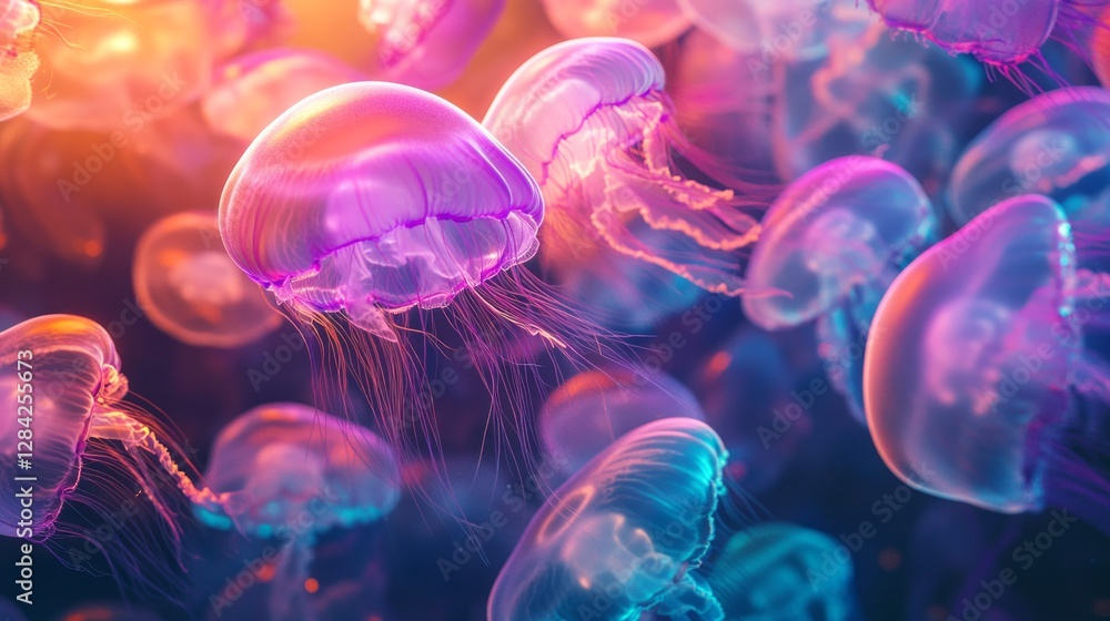 Naklejka premium Illuminated Jellyfish Floating Gracefully in Dark Blue Ocean with Soft Light