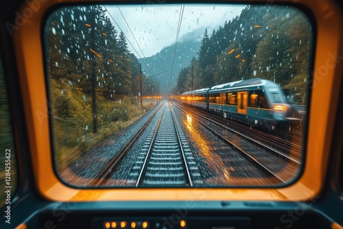Fast train racing along the rain-soaked railway, with headlights cutting through the dark landscape, viewed from the driver’s cabin featuring a wet window and orange dashboard