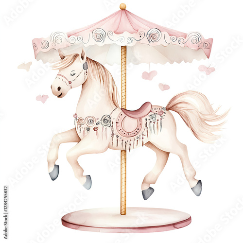 whimsical watercolor carousel horse with pink canopy and floral details