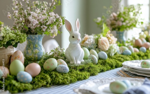 Elegant spring table setting adorned with pastel eggs and a decorative bunny figurine photo