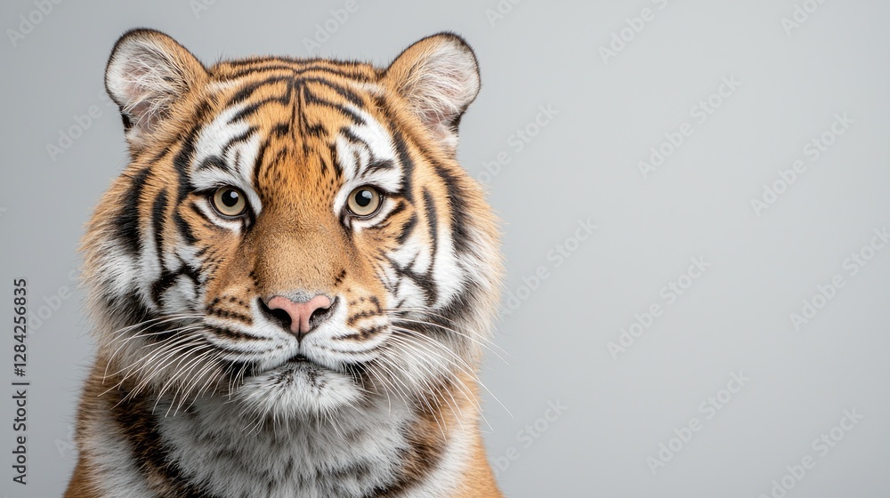 Fototapeta premium Majestic tiger portrait, studio shot, gray background, wildlife conservation