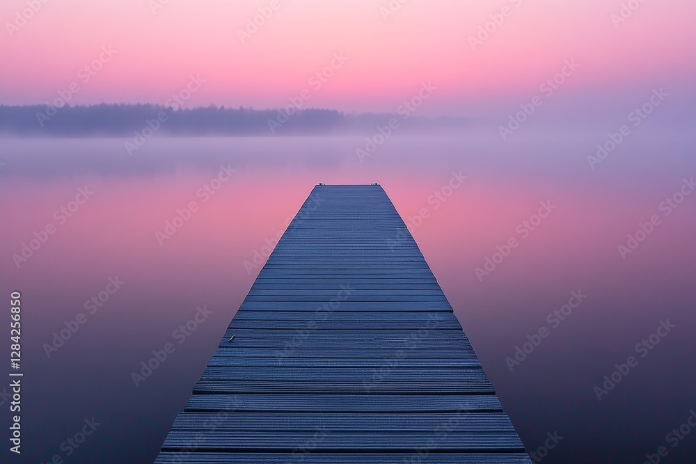 Fototapeta premium Tranquil Wooden Dock Over Calm Water at Dawn with Pink Hues