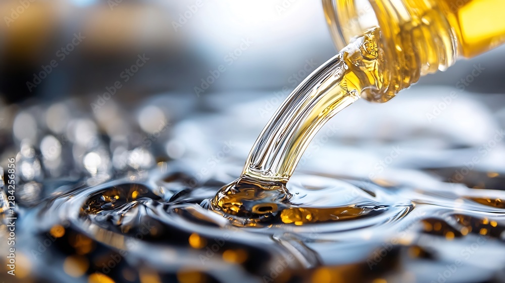 Closeup view of golden oil pouring from a glass bottle creating ripples on a surface : Generative AI