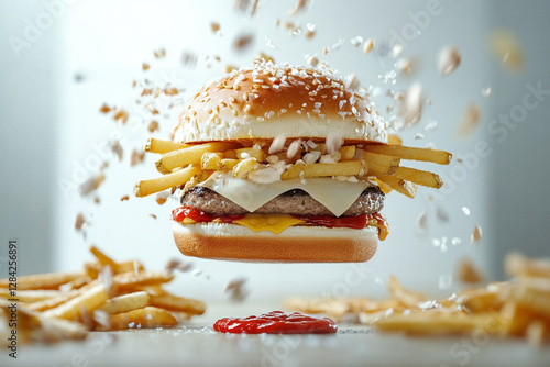 Flying burger with fries and sauces, frozen in dynamic motion photo