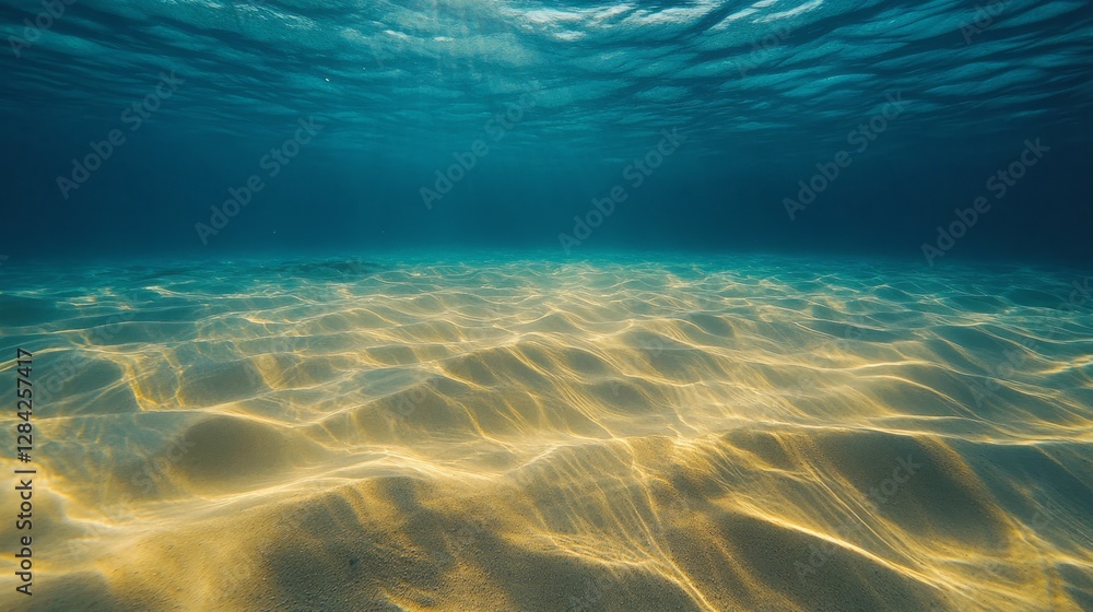 Naklejka premium Sunlight Dancing on Sandy Seabed Underwater with Clear Turquoise Water