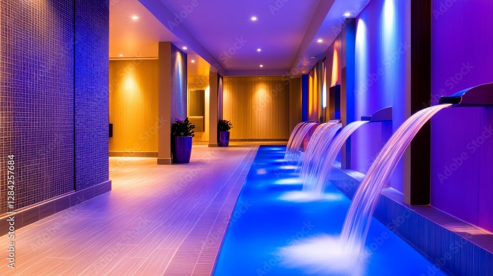 Tranquil indoor water feature with vibrant lighting in a modern relaxation space Tranquil indoor water feature with vibrant lighting in a modern relaxation space