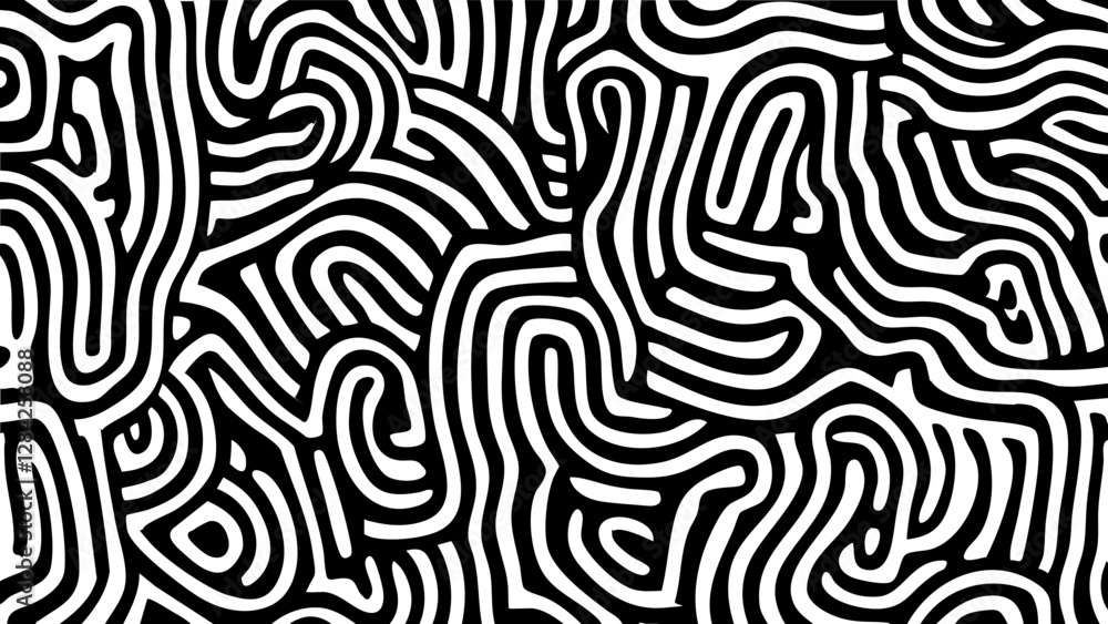 Mesmerizing black and white vector line art pattern with intricate, swirling lines creating a trippy, maze-like effect. Fully editable to change colors. Mesmerizing black and white vector line art pattern with intricate, swirling lines creating a trippy, maze-like effect. Fully editable to change colors.