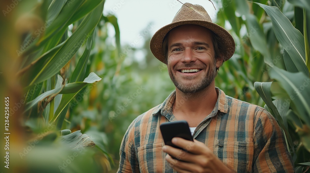 Obraz premium Radiating joy, a young modern model stands confidently in a vibrant cornfield wearing a straw hat and a plaid shirt while engaging with his smartphone. The surroundings showcase nature’s beauty