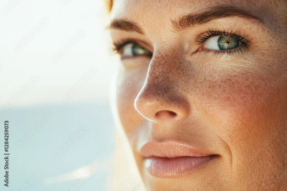 Obraz premium Close-up portrait of a woman with radiant freckled skin and soft natural light