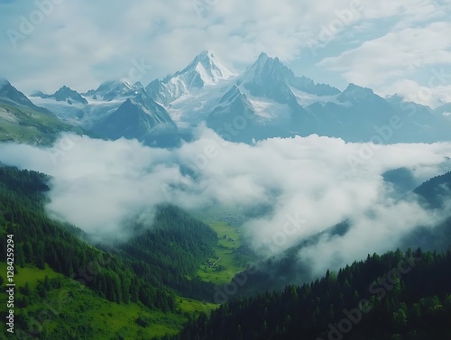 Alpine valley shrouded in mist, mountain peak photo