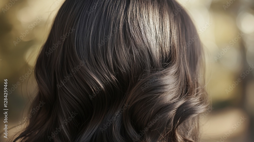 Glossy Dark Hair with Soft Waves in Natural Outdoor Setting Glossy Dark Hair with Soft Waves in Natural Outdoor Setting