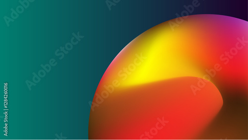 An abstract digital illustration featuring a gradient sphere blending rich hues of gold, orange, deep purple, and red against a brown gradient background. The design has a fluid, molten fee