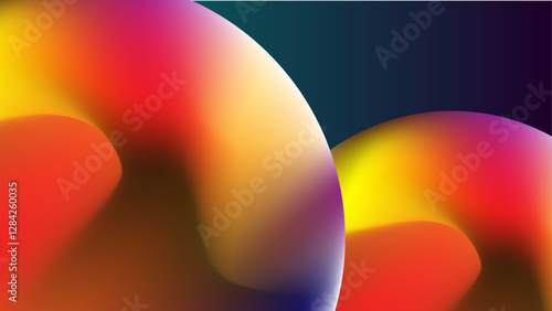 An abstract digital illustration featuring a gradient sphere blending rich hues of gold, orange, deep purple, and red against a brown gradient background. The design has a fluid, molten fee