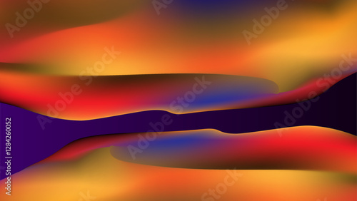 An abstract digital illustration featuring a gradient sphere blending rich hues of gold, orange, deep purple, and red against a brown gradient background. The design has a fluid, molten fee