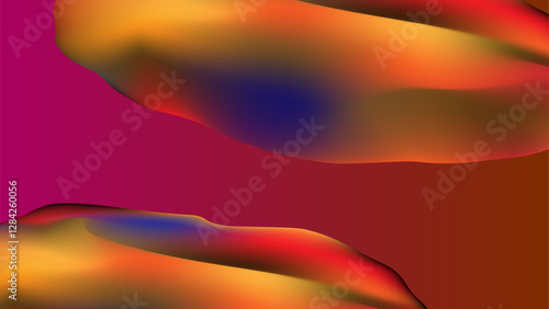 An abstract digital illustration featuring a gradient sphere blending rich hues of gold, orange, deep purple, and red against a brown gradient background. The design has a fluid, molten fee