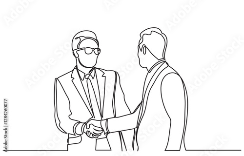 continuous line drawing of Happy confident business partners men shaking hands. Line art vector business people are meeting and shaking their hands to deal with a contract. concept of Trust agreement 