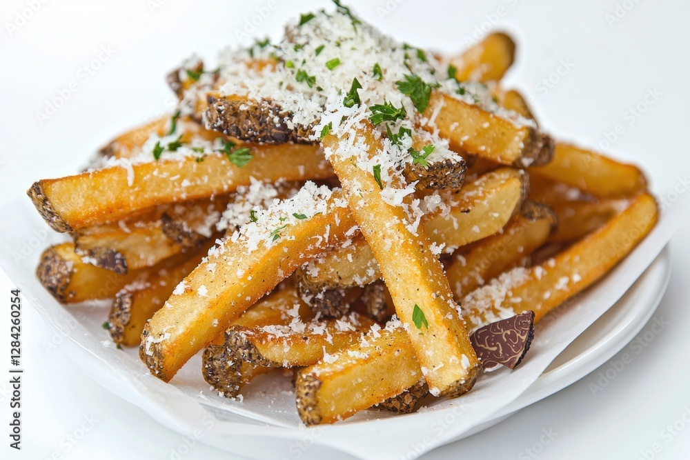 Close-up of a stack of golden french fries topped generously with grated Parmesan cheese and fresh parsley on a white plate, perfect for satisfying snack cravings. Close-up of a stack of golden french fries topped generously with grated Parmesan cheese and fresh parsley on a white plate, perfect for satisfying snack cravings.