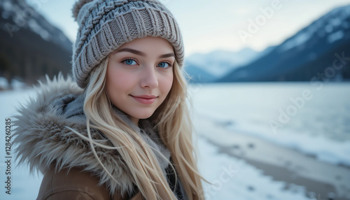 Winter Serenity: A captivating young woman with serene expression and piercing blue eyes, bundled in a cozy winter coat and hat.