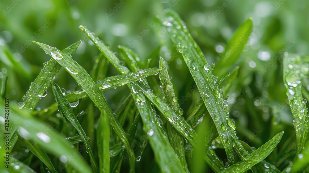 Obraz premium Dew-covered grass blades, close-up; garden background; nature wallpaper