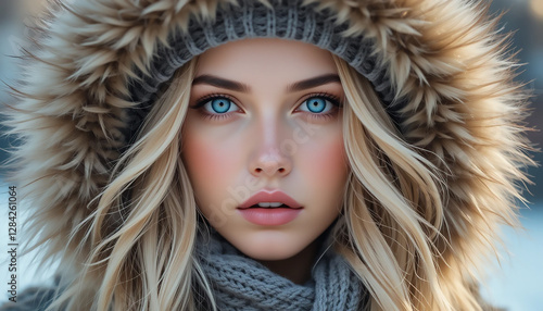 Winter's Embrace: A portrait of a beautiful woman with striking blue eyes and flowing blonde hair, bundled in a cozy fur-lined hood and scarf, exuding the serene beauty of a winter's day.