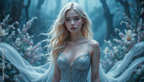 Enchanting Forest Spirit: A captivating portrait of a ethereal woman with flowing blonde hair, surrounded by a mystical forest. The dreamy light and soft textures evoke a sense of fantasy and wonder.