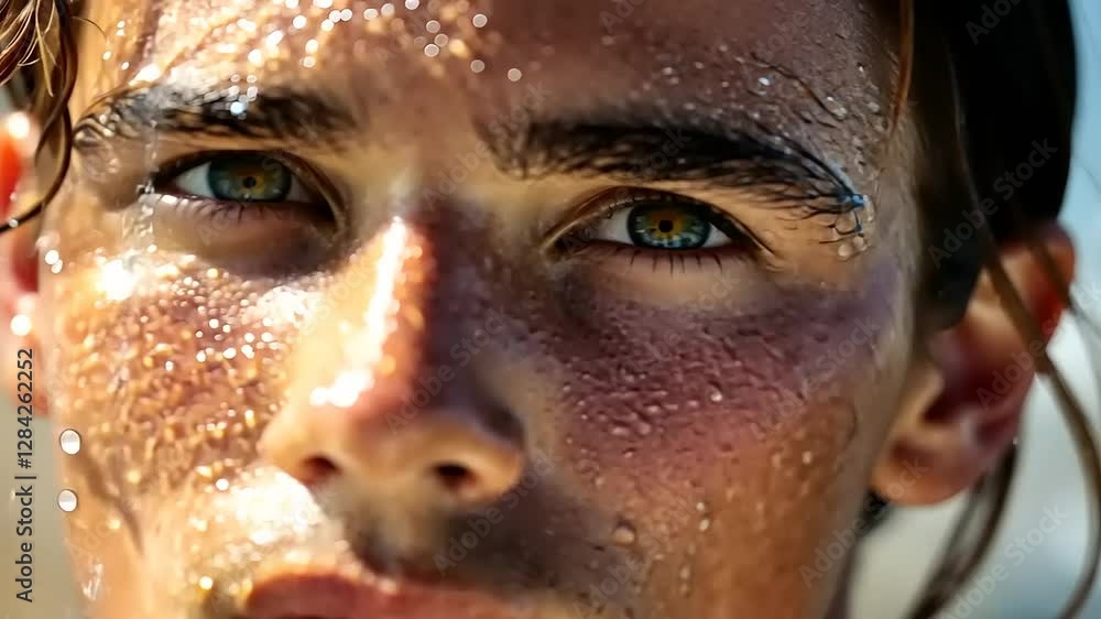 Close-up portrait of a young person with wet skin glistening in sunlight, capturing summer vibes Close-up portrait of a young person with wet skin glistening in sunlight, capturing summer vibes