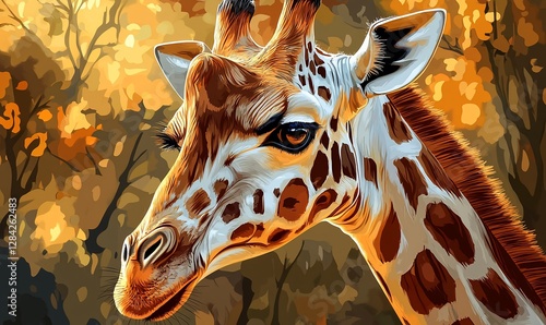 Close-up giraffe portrait, golden forest backdrop, wildlife art,  poster use photo