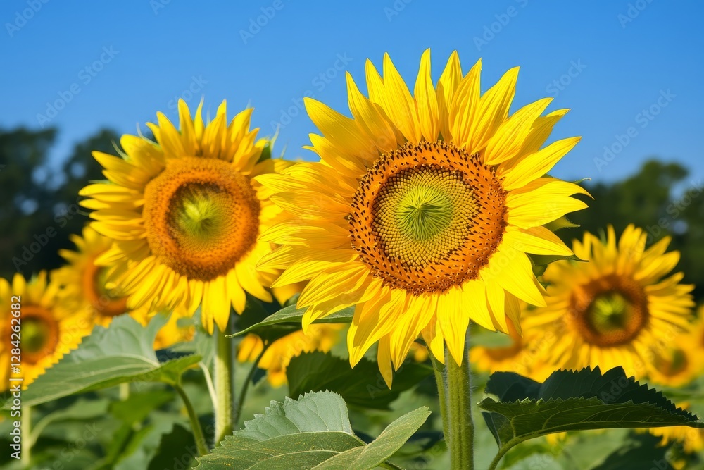 Vibrant Sunflowers Blooming Under a Clear Blue Sky in Summer Field Vibrant Sunflowers Blooming Under a Clear Blue Sky in Summer Field