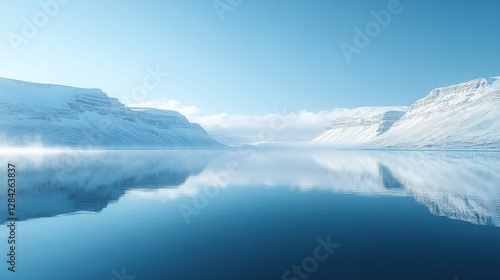 Serene winter landscape with snow-capped mountains reflected in a calm lake under a clear blue sky.