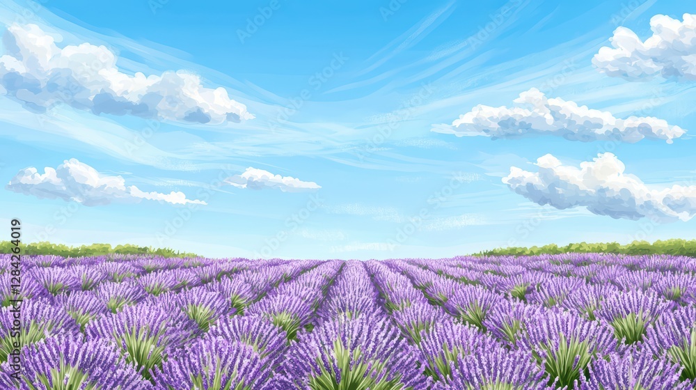 Obraz premium Dreamy Watercolor Landscape of Lavender Field under Blue Sky